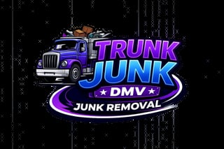 Trunk Junk DMV Junk Removal logo featuring a blue garbage truck with purple and blue neon text on dark background